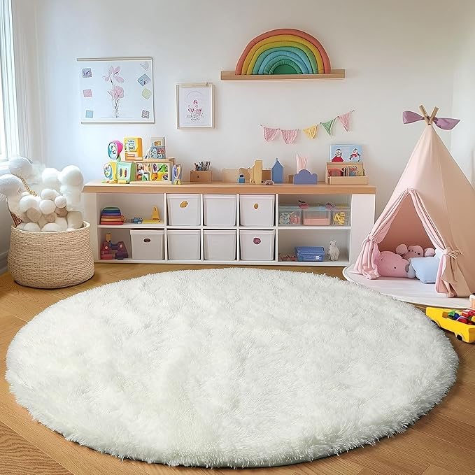 ONASAR Cream White Round Rugs 7ft for Living Room, Ivory Fluffy Bedroom Circle Area Rug, Soft Plush Shaggy Carpet for Kids Girls Boys Teen Nursery Dorm Classroom Playroom Home Decor Aesthetic