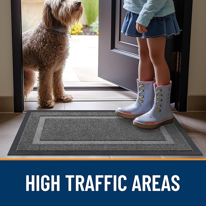 OLANLY Front Door Mat Indoor Outdoor Entrance, Waterproof All-Season, All-Weather Doormat, Sturdy Natural Rubber, Fade Resistant, Low Profile, Easy Clean Patio Porch Entryway Mat, 35x23, Dark Grey
