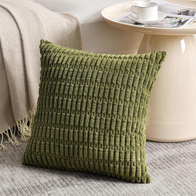 Fancy Homi 4 Packs Boho Moss Green Decorative Throw Pillow Covers 14x14 Inch for Couch Bed Sofa, Rustic Modern Farmhouse Home Decor, Soft Plush Corduroy Cute Square Cushion Case 35x35 cm