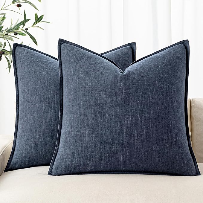 MIULEE Decorative Linen Euro Sham Pillow Covers 24x24 Indigo Blue Boho Farmhouse Neutral Couch Throw Pillows for Bed Pack of 2 Accent Coastal Modern Pillowcase Summer Sofa Livingroom Home Decor