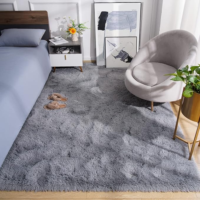 Amearea Shag Fluffy Area Rug for Bedroom Girls Living Room, Extra Soft and Fuzzy Shaggy Rugs, Non Slip, Solid Color Carpet Mat for Boys Nursery Home, Grey 6x9 Feet