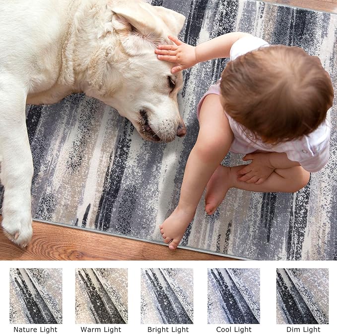 Lansny Modern Abstract Runner Rug 2x10, Grey Black Multi Washable Long Kitchen Runner Non-Slip Soft Hallway Rug Runner Thin Print Faux Wool Carpet for Entryway Bedroom Laundry Room Indoor Home Decor