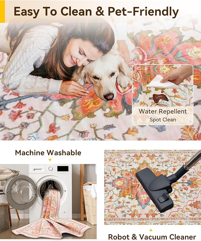 Area Rugs Square 4ft Washable Non-Slip, Floral Vintage Distress Print Pattern Medallion Carpet for Living Room Bedroom Dining Room, Light Pink Colorful