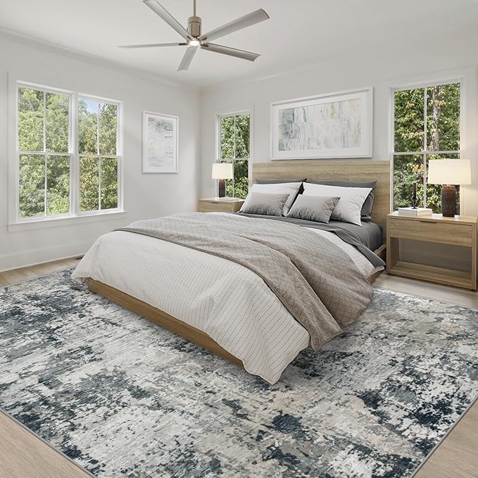9x12 Area Rug for Living Room, Washable Modern Abstract Large Area Rug Neutral Soft Non Slip Kids Rug Stain Resistant Indoor Carpet for Bedroom Dining Room Playroom Office(GreyWhite, 9'x12')