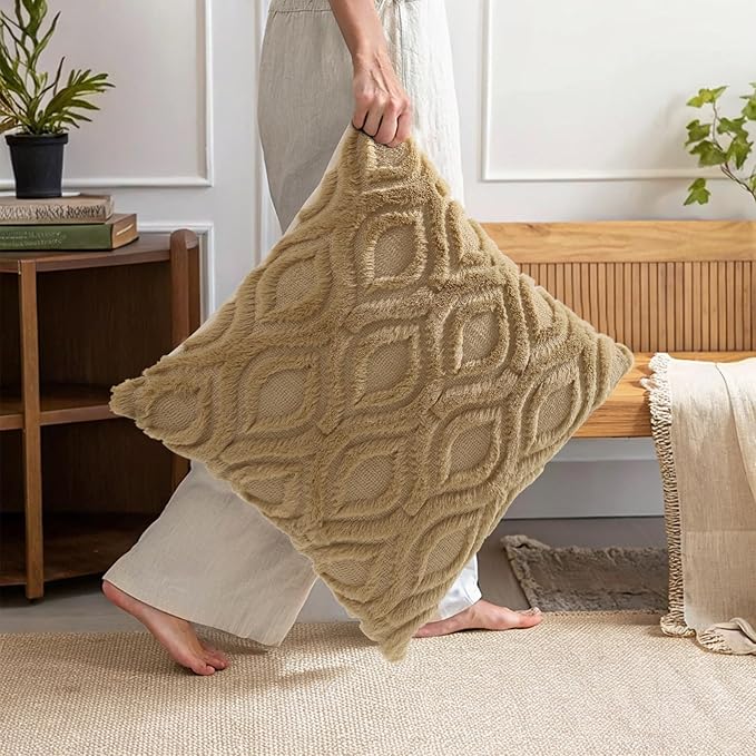 decorUhome Throw Pillow Covers 24x24 Inch Set of 2, Soft Plush Faux Wool Khaki Solid Couch Pillow Covers, Accent Euro Sham Farmhouse Neutral Square Pillow Cases for Sofa Bed Living Room