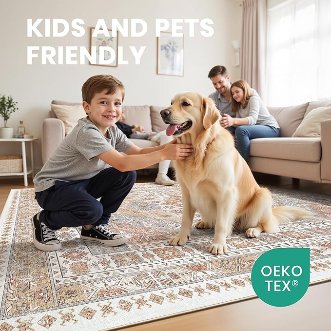 zesthome 5x7 Area Rugs - Ultra-Thin Washble Rug, Stain Resistant Anti Slip Backing Rugs for Living Room,Bedroom, Vintage Home Decor Area Rug (Orange,5'x7')
