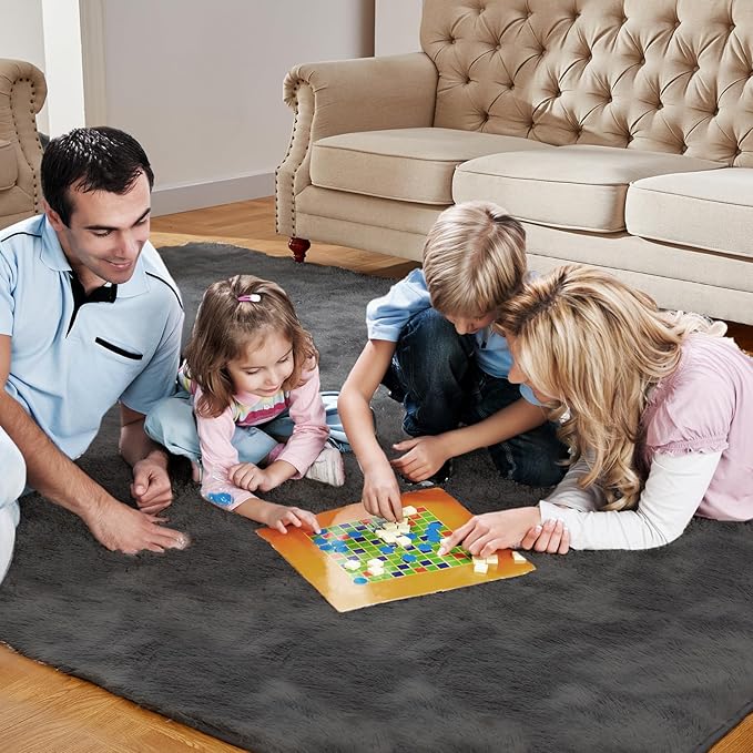 Soft Shag Area Rug for Living Room and Bedroom Decor, 5x7 Feet Solid Gray Non-Slip Indoor Carpet for Kids Boys Girls Dorm Nursery, Large Aesthetic Floor Rug