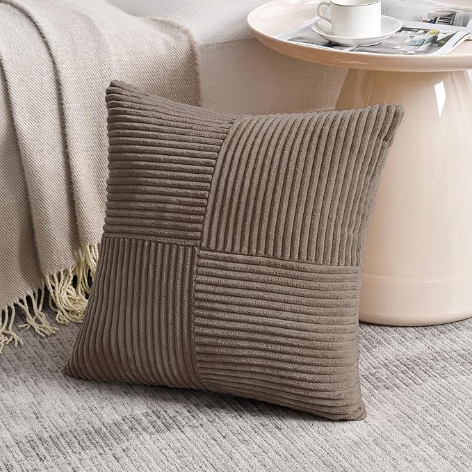 Fancy Homi Set of 2, Light Brown Patchwork Corduroy Decorative Soft Striped Modern Accent Cushion Case Farmhouse Boho Neutral Throw Pillow Covers for Chair Couch Bed Sofa Living Room 16x16 Inch