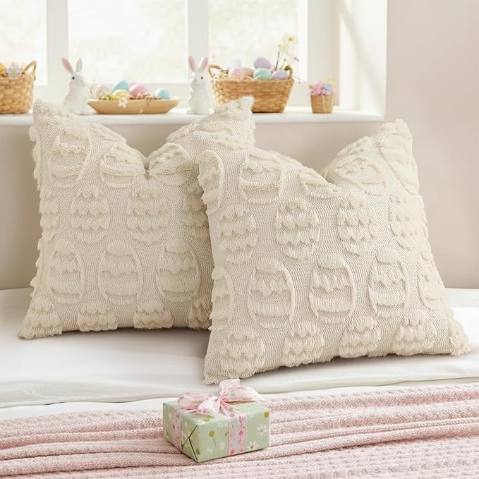 decorUhome Easter Beige Egg Pillow Covers 18x18 Inch Set of 2, Soft Plush Faux Wool Jacquard Cushion Covers, Farmhouse Neutral Fuzzy Spring Easter Holiday Decor for Couch Sofa Bed