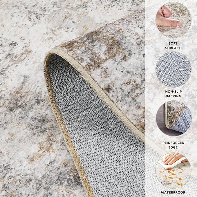 UERMEI 10ft Round Area Rug Living Room Rugs - 10x10 Washable Large Neutral Modern Abstract Soft Thin Rug Indoor Floor No Slip Rug Carpet for Bedroom Under Dining Table Home Office Decor - Brown Grey