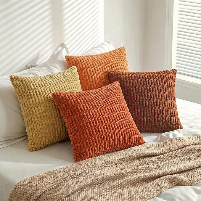 Fancy Homi Set of 4 Fall Decorative Throw Pillow Covers 12x12 Inch for Couch Bed Chair, Burnt Orange Series Farmhouse Boho Room Decor, Soft Fuzzy Corduroy Textured Striped Cushion Case 30cm
