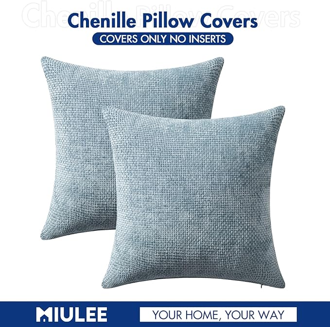 MIULEE Pack of 2 Couch Throw Pillow Covers 22x22 Inch Coastal Smoke Blue Modern Boho Accent Decorative Pillow Covers Soft Chenille Farmhouse Cushion Covers for Home Decor Bed Sofa Living Room
