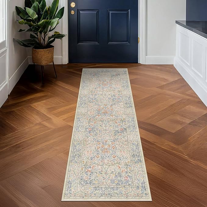 Hazo Haus Washable Bathroom Runner Rug 2x5, Non Slip Runner for Laundry Room, Bathroom Sink Mat - Vintage Pastel Beige Blue Throw Rug, Ultra Soft Low Pile Stain Resistant