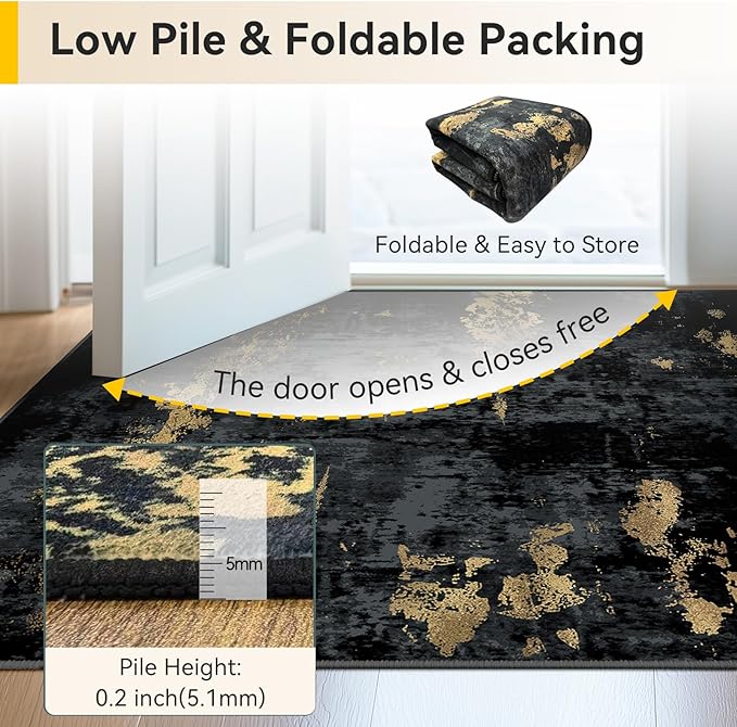 Washable Area Rugs 2'x8' Non-Slip Modern Abstract Soft for Living Room Entryway Bedroom Nursery, Print Pattern, Dark Black Gold