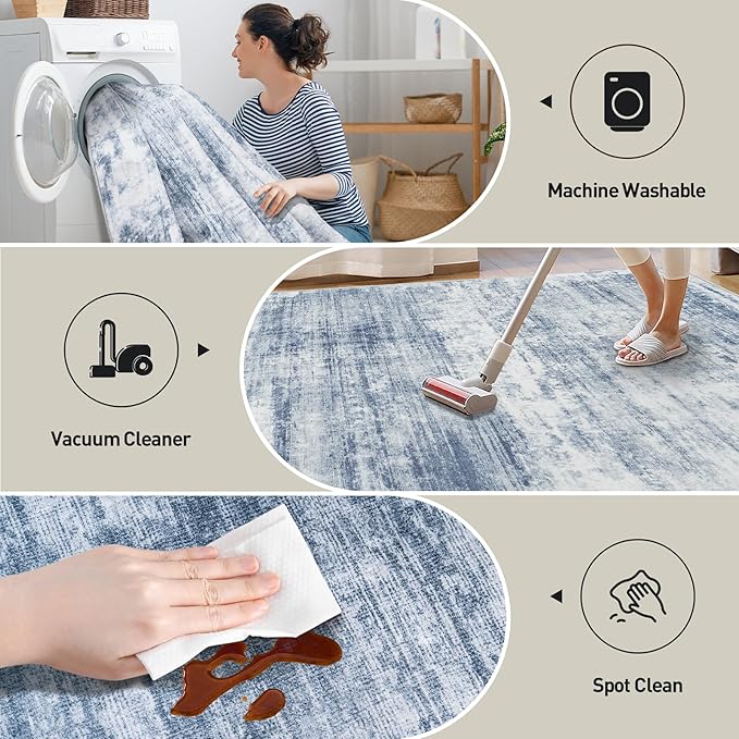 6x9 Area Rugs Washable Rug: Large Modern Abstract Living Room Rug Soft Anti-Skid Thin Carpet Indoor Floor Non-Shedding Carpets for Bedroom Dining Room Farmhouse Nursery Home Office Blue White
