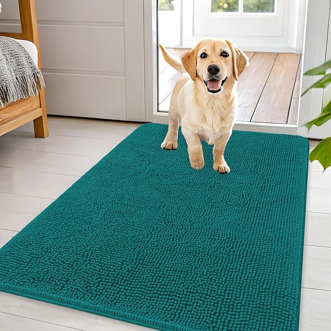 OLANLY Dog Door Mat for Muddy Paws 44x32, Absorbs Moisture and Dirt, Absorbent Non-Slip Washable Doormat, Quick Dry Chenille Mud Mat for Dogs, Entry Indoor Entryway Carpet for Inside Floor, Lake Blue