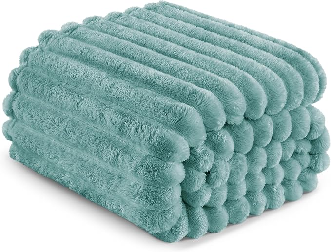 Exclusivo Mezcla King Size Flannel Fleece Blanket, Super Soft Striped Jacquard Bed Blanket, Lightweight Fuzzy Cozy for All Seasons, 90x104 Inches, Celadon