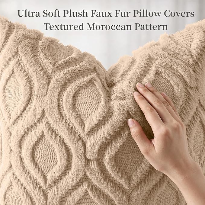decorUhome Throw Pillow Covers 24x24 Inch Set of 2, Soft Plush Faux Wool Light Khaki Solid Couch Pillow Covers, Accent Euro Sham Farmhouse Neutral Square Pillow Cases for Sofa Bed Living Room