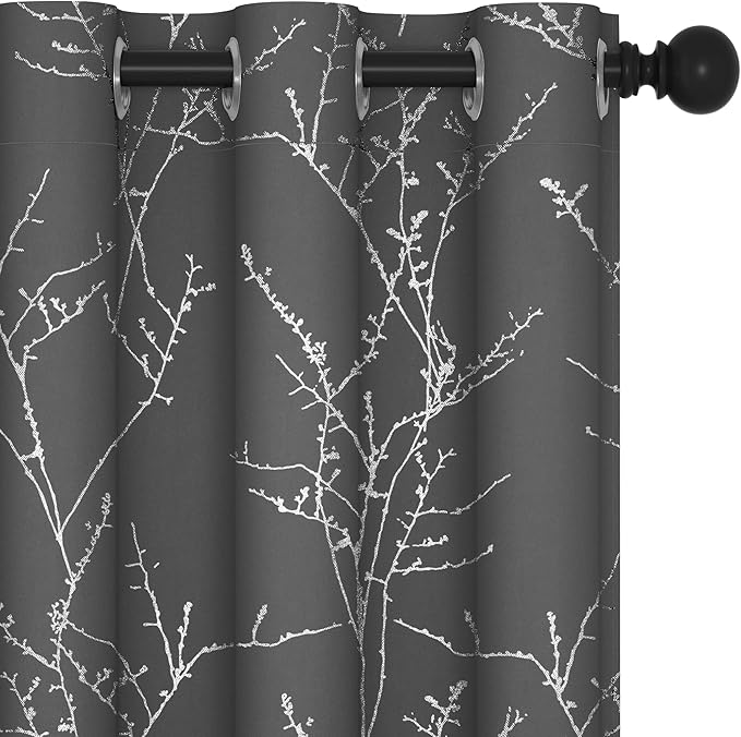 Deconovo Blackout Curtains Grey, Thermal Insulated Soundproof Drapes, Silver Branch Foil Print, 42 x 72 Inch, 2 Panels, Machine‑Washable Privacy Window Panel for Living Room Bedroom Nursery Office