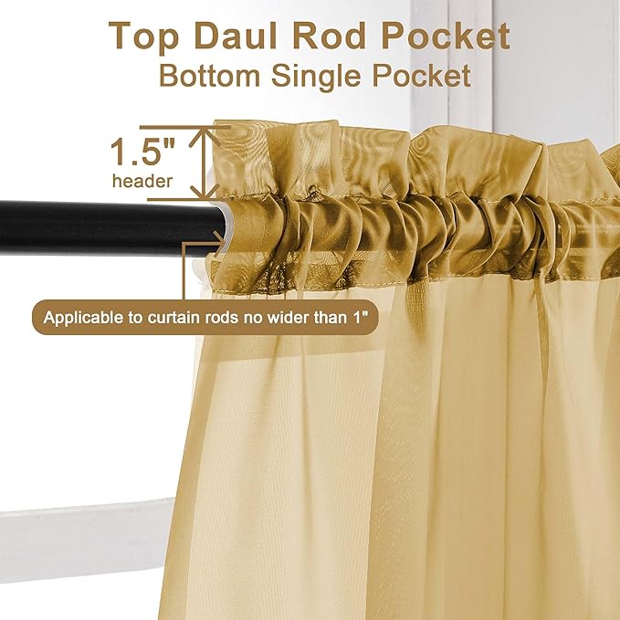 Chyhomenyc Sheer Gold Curtains 90 inches Long 2 Panels, Light Filtering Soft Airy Solid Elegant Voile Window Treatment Drapes for Bedroom Living Room Wedding Party Decor, 42 Wx90 L Inches