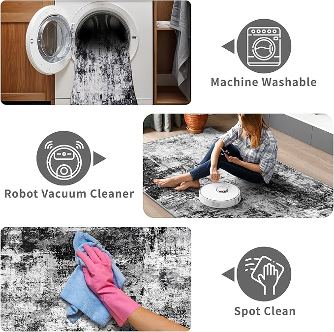 4x10 Wide Washable Runner Rug: Easy-to-Clean Runners for Hallway Entryway Kitchen Bedroom Living Room - Stain and Water Resistant Rugs with Non-Slip Backing - Soft Low-Pile Carpet Black Grey