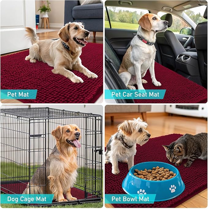 OLANLY Dog Door Mat for Muddy Paws 47x17, Absorbs Moisture and Dirt, Absorbent Non-Slip Washable Doormat, Quick Dry Chenille Mud Mat for Dogs, Entry Indoor Entryway Carpet for Inside Floor, Burgundy