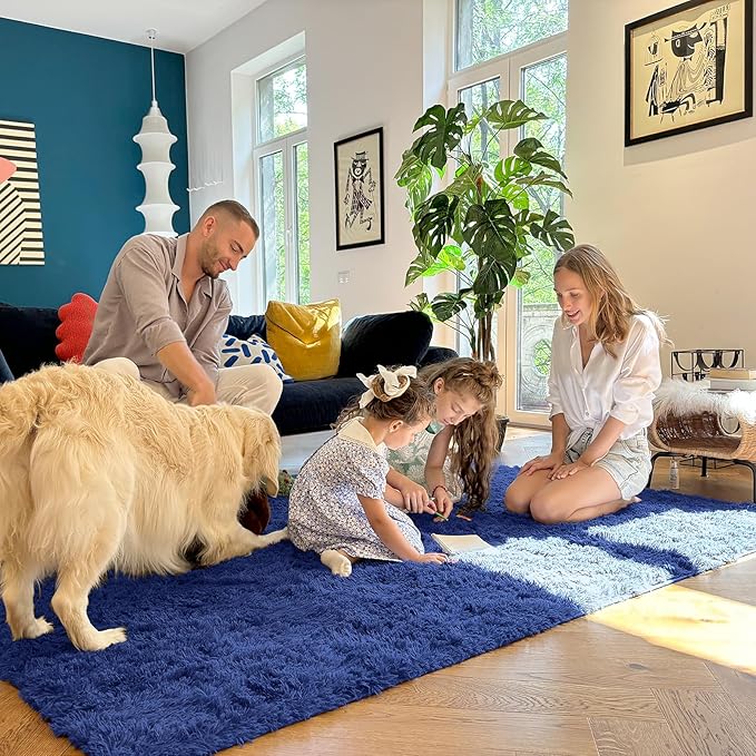 OLANLY 2x5 Machine Washable Runner Rugs for Hallway, Soft Fluffy Shaggy Bedside Rugs for Bedroom, Living Room, Indoor Floor Carpet for Kids Girls Boys, Nursery Rooms, Home Decor Aesthetic, Navy Blue