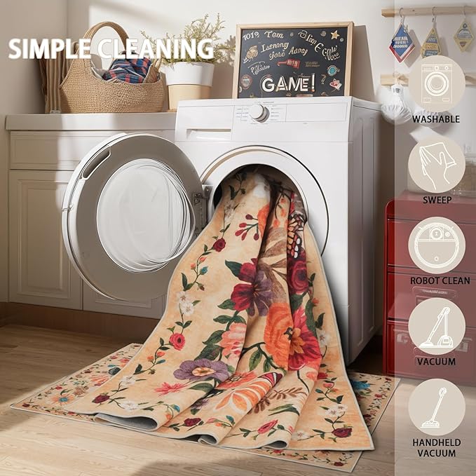 Floral Rug for Entryway, 2x3 Washable Kitchen Mat Ultra-Thin Soft, Non-Slip Indoor Door Carpet Stain Resistant Boho Small Low-Pile Throw for Bathroom Bedroom (Yellow Garden, 2 x 3)