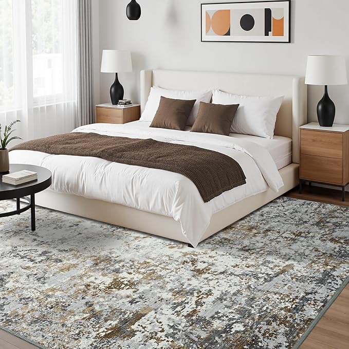 Toneed Abstract Area Rug Modern Washable Rug Soft Non Slip Rug Low Pile for Bedroom Living Room Dining Room Brown/Grey 6x9 Feet