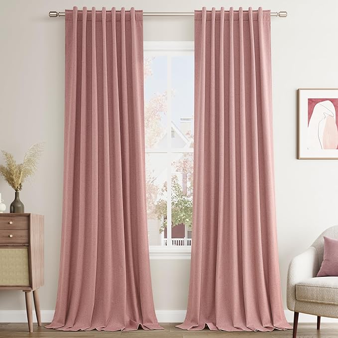 Guken 100% Blackout Curtains 102 Inch Length 2 Panels Set for Living Room Bedroom Back Tab Thermal Insulated Lack Out Linen Drapes Room Darkening Window Curtains 102 Inches Long, Ash Rose
