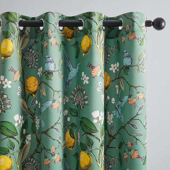 Topfinel 60 Inches Long Custom Sage Green Luxury Curtains for Living Room Bedroom, Blackout Vintage Victorian Curtains Floral Lemon Hummingbird Printed Grommet Drape 60 Inch Length