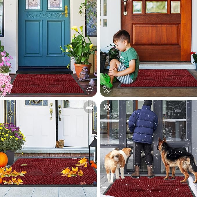 Smiry Front Door Mat Outside Entrance, Heavy Duty Sturdy Natural Rubber Doormat, Trap Dirt and Moisture, Easy Clean Low Profile Welcome Floor Mats for Indoor Outdoor Entry, 35X23 Inch, Deep Red