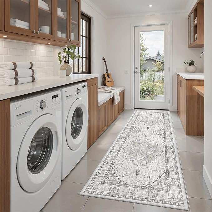 Madane Washable Runner Rug - 2x6 Rug Runners for Hallways 6 Foot Non Slip Vintage Kitchen Runner Rug Ultra-Thin Bathroom Runner Rugs Carpet Laundry Room Bedroom (2x6ft, Grey)