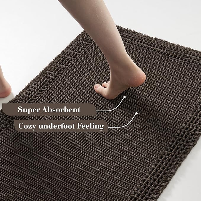 RESARE Waffle Bath Mat for Bathroom, Super Absorbent Bathroom Rugs Non Slip Machine Washable, Ultra Soft Quick Dry Boho Bath Rugs with Tassels for Floor, Upgraded Bordered Design, 18"x30" Chocolate