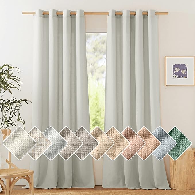 NICETOWN Thick Semi Sheer Linen Gray Curtains for Boys Room, Grommet Privacy Added with Light Through Semitransparent Linen Weave Drapes for Farmhouse and Bedroom, W55 x L96, 2 Pieces