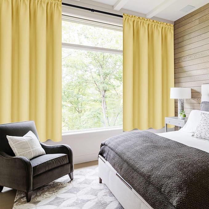 DWCN Blackout Curtains for Bedroom – Rod Pocket Thermal Insulated Noise Reducing Noise Reducing Drapes for Living Room, W 42 x L 63 Inch, 2 Panels, Light Yellow