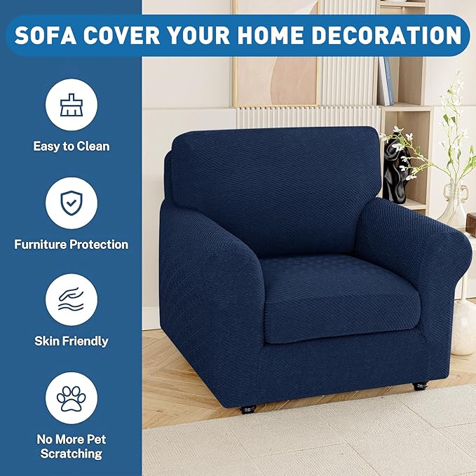 XINEAGE Large Couch Cushion Covers Seat Cushion Cover Thick Stretch Sofa Slipcovers 1 Piece Individual Couch Covers with Elastic Bottom(Single XL Seat Cushion/Backrest,Navy Blue)