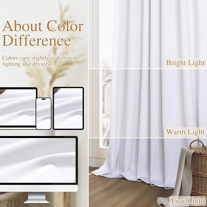 Guken White 100% Blackout Linen Curtains 52 Inch Wide by 142 Inch for Living Room Bedroom Back Tab/Rod Pocket Thermal Insulated Black Out Linen 2 Drapes Room Darkening Window Curtains