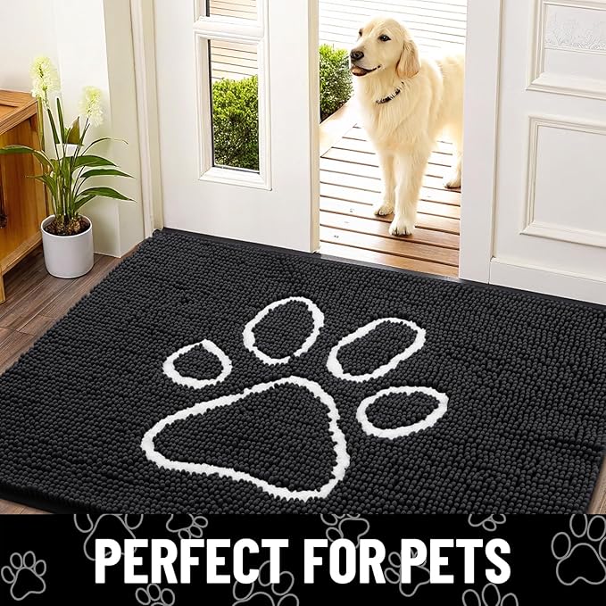 Smiry Dog Door Mat for Muddy Paws, Absorbent Dirt Trapper Non Slip Quick Dry Washable Chenille Mat for Mud Dogs, Entry Rug for Indoor and Outdoor (70x24 Inches, Black and White)
