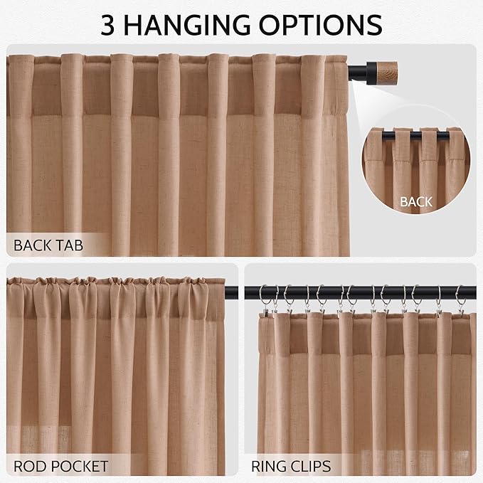 Nanspring Peach Linen Curtains 102 Inches Long Rod Pocket Back Tab Drapes 2 Panels Set for Girl Kids Bedroom Light Filtering Semi Sheer Peach Curtain 102 Length for Patio Door Bedroom 52x102