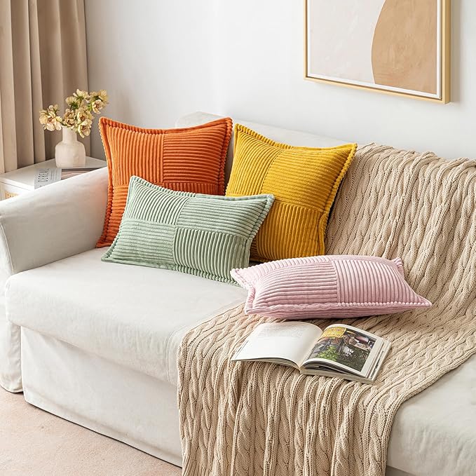 MIULEE Pink Corduroy Decorative Euro Sham Pillow Covers 24x24 Inch with Splicing Set of 2 Soft Boho Pillow Covers Broadside Textured Pillowcases for Couch Bed Livingroom