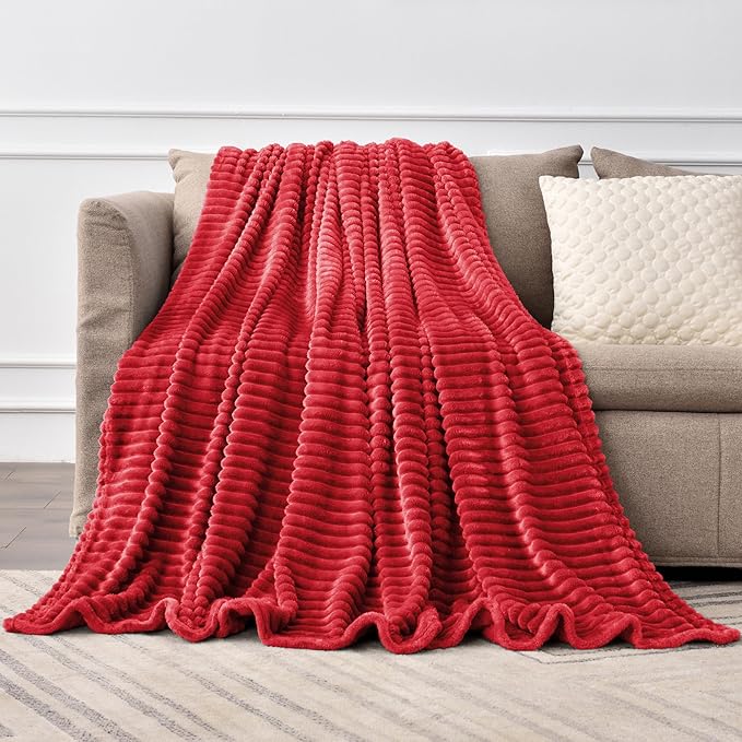 BEDELITE Fleece Blanket King Size – 3D Ribbed Jacquard Soft and Warm Decorative Fuzzy Blankets – Cozy, Fluffy, Plush Lightweight Throw Blankets for Couch, Bed, Sofa(Red, 108x90 inches)