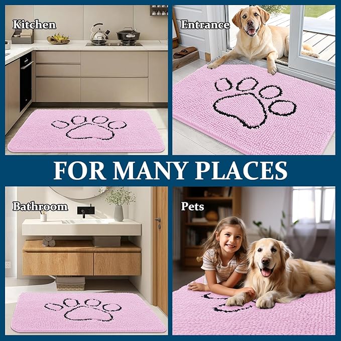 OLANLY Dog Door Mat for Muddy Paws 36x24, Paw Print Design, Absorbs Moisture and Dirt, Absorbent Non-Slip Washable Doormat, Quick Dry Chenille Mud Mat for Dogs, Entry Indoor Entryway Carpet, Pink