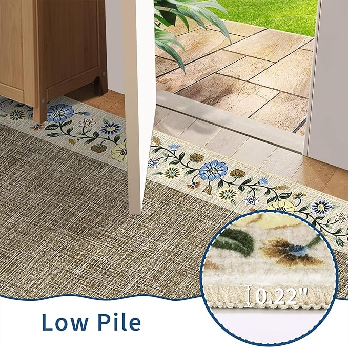 GarveeHome Washable Living Room Rug 9x12 Floral Bordered Area Rugs Soft Thin Indoor Carpet for Bedroom Modern Throw Aesthetic Mat Non Slip Stain Resistant Carpet for Dining Room Office, Dark Camel