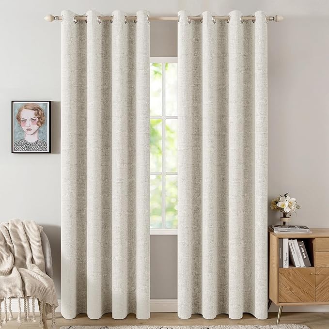 MIULEE Linen Texture Curtains for Bedroom Solid 100% Blackout Thermal Insulated Linen Beige Curtains Grommet Room Darkening Drapes for Living Room Nursery 52x96 Inch (2 Panels)