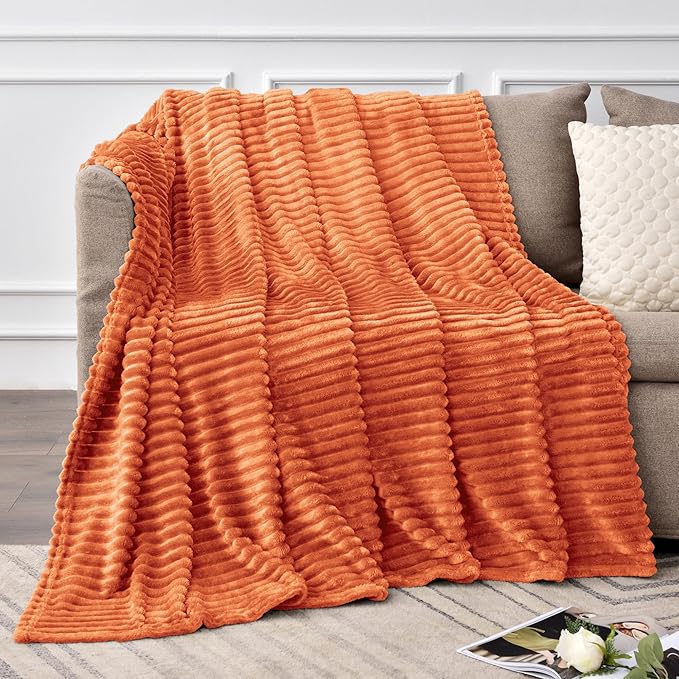 BEDELITE Fleece Blanket Twin Size – 3D Ribbed Jacquard Soft and Warm Decorative Fuzzy Blankets – Cozy, Fluffy, Plush Lightweight Throw Blankets for Couch, Bed, Sofa(Orange, 60x80 inches)