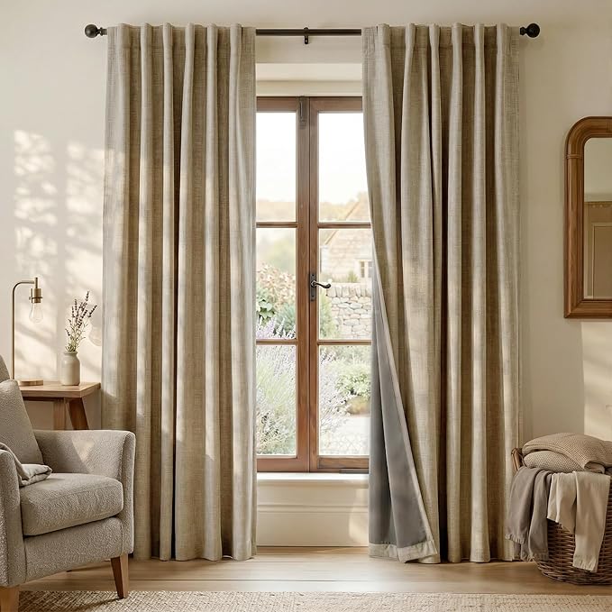 RYB HOME Linen Textured 100% Blackout Curtains for Bedroom, Insulating Energy Saving Window Curtains for Living Room Dining Patio Sliding Glass Door, Wide 52 x Long 96 inch, Burlap, 2 Panels