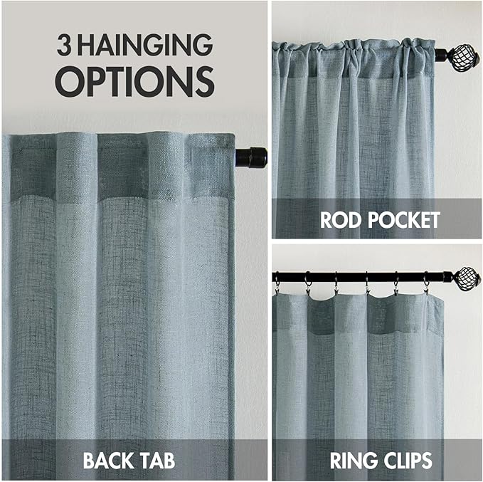 MIULEE Dusty Blue Linen Curtains 90 Inch Long 2 Panels for Bedroom Living Room, Soft Thick Linen Textured Window Drapes Semi Sheer Light Filtering Rod Pocket Back Tab Light Blue Burlap Look Decor