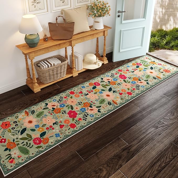 Rugcomf Runners for Hallways Kitchen Runner Rug Non Slip 2'x 10' Long Washable Rugs with Rubber Backing Soft Floral Carpet Runner for Hallways, Kitchen, Laundry, Bedroom, Bathroom(Green)