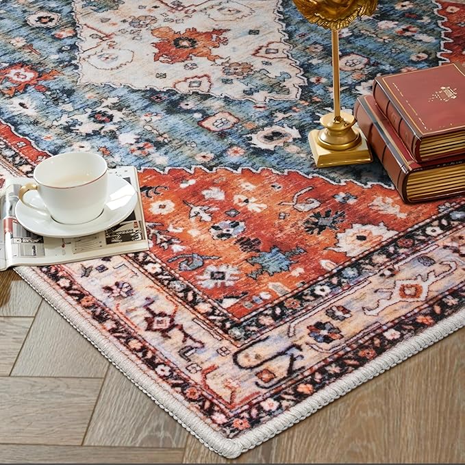 SERISSA 5x7 Boho Tribal Area Rug, Washable Large Rugs for Living Room, Ultra Soft Non-Slip Bedroom Rug Print Distressed Vintage Farmhouse Carpet Rug for Dining Room Dorm Office Home Decor